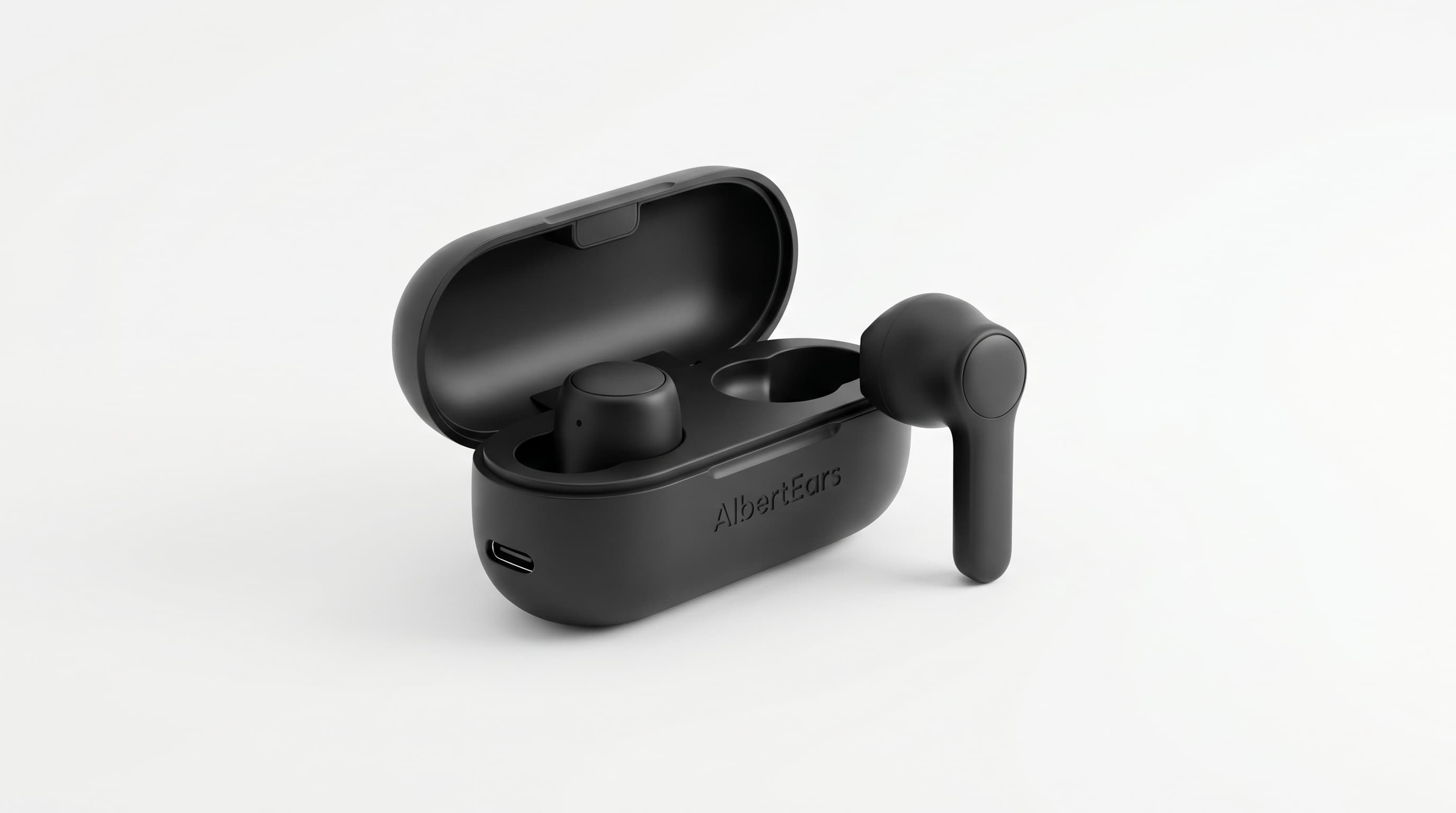 AlbertEars™️ case open with earbuds